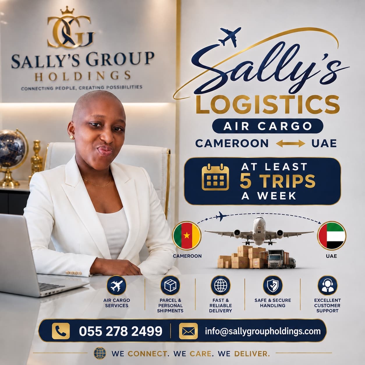 Sally's Logistics flyer: air cargo Cameroon to UAE, at least 5 trips a week
